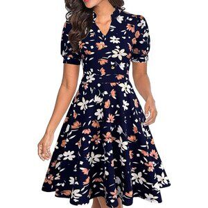 Women Floral 3 Short Puff Sleeve Flare Semi-Formal Summer Dress With Pockets